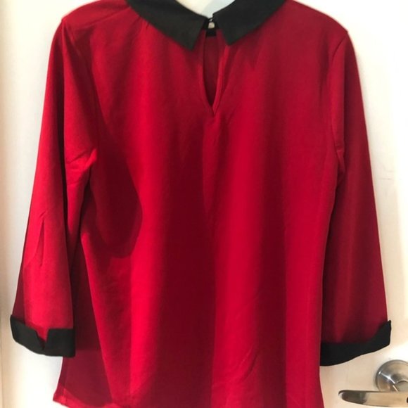 Cute Red Blouse with Rhinestoned Black Collar - Picture 2 of 2